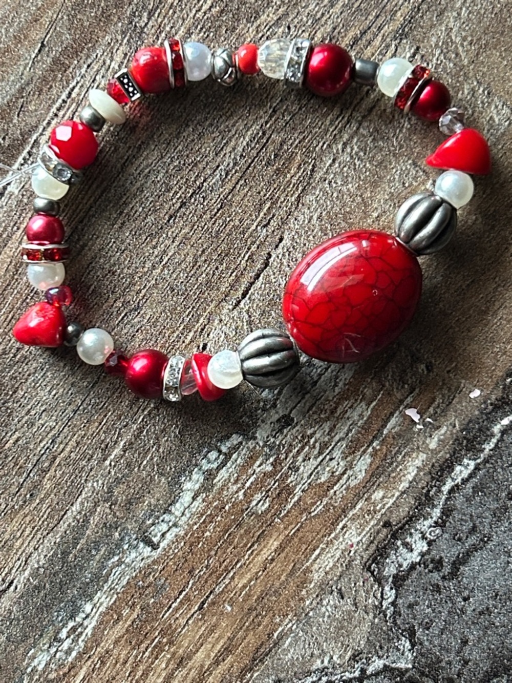 Red Beaded Stretch Bracelet with Decorative Accent Beads